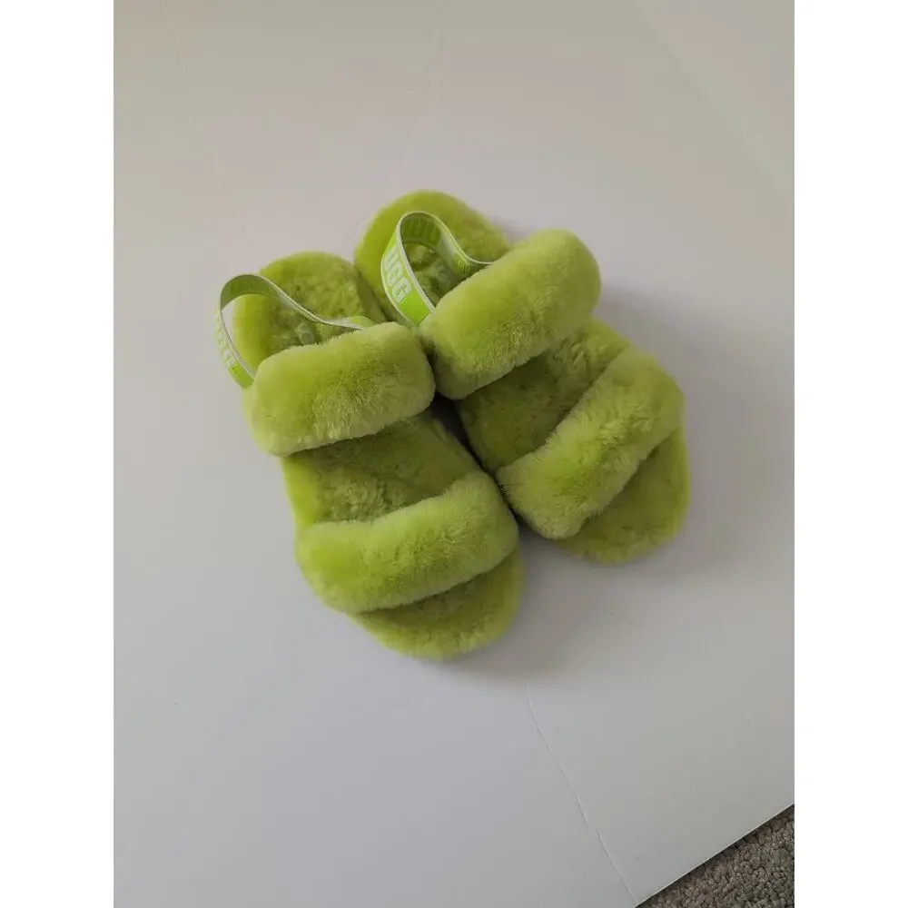 UGG Girl's‎ Lamb Fluff Yeah Slide Slippers Lime Green 1115752K Size 4 NWOB